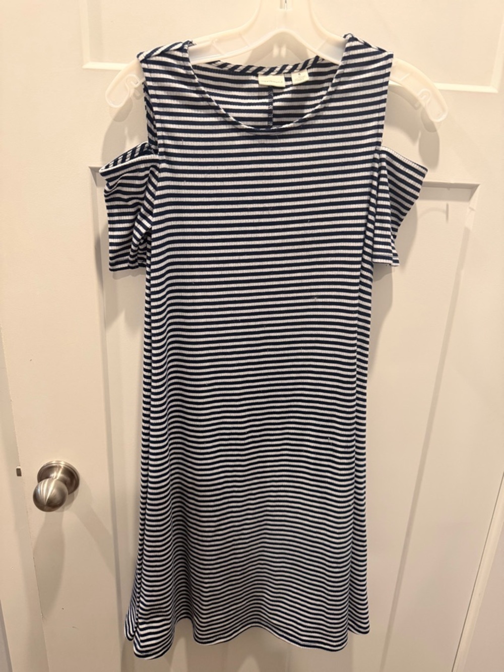 Westbound Striped Cold Shoulder Dress Small Navy White Casual Stretch Swing